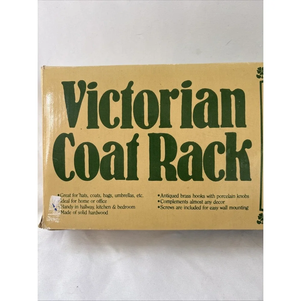 Vtg Victorian Coat Rack New In Box Wood Wall Mounted Brass Hooks Cottagecore NOS